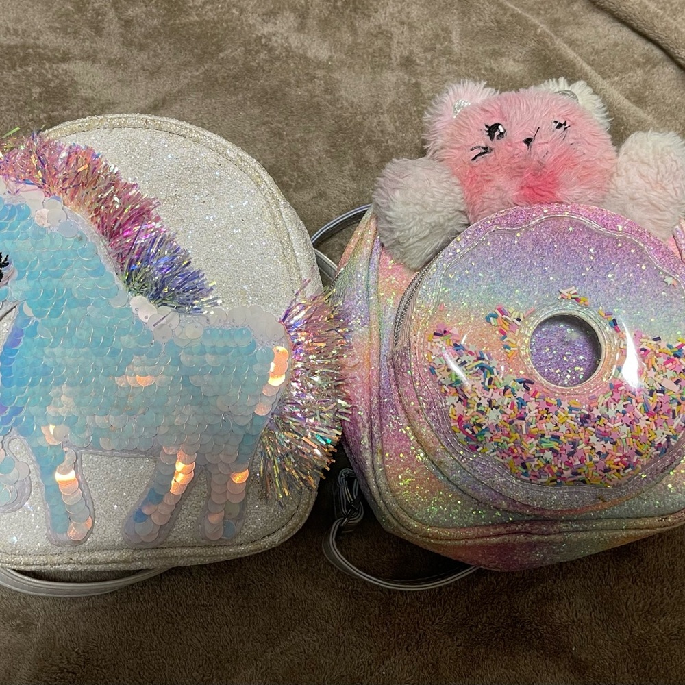 Girls Glittery Unicorn and Bear Kids Mini Backpack Set